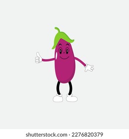 Cute eggplant character vector illustration. Flat eggplant cartoon character waving. Minimal purple eggplant fruit design for children books. Eggplant cartoon character