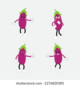Cute eggplant character vector illustration. Flat eggplant cartoon character waving. Minimal purple eggplant fruit design for children books. Eggplant cartoon character