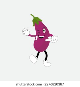Ilustración vectorial de carácter de berenjena. Caricatura de berenjena plana ondeando. Diseño minimo de frutas de berenjenas moradas para libros infantiles. Caricatura de berenjena