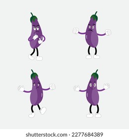 Cute eggplant character vector illustration. Flat eggplant cartoon character waving. Minimal purple eggplant fruit design for children books. Eggplant cartoon character