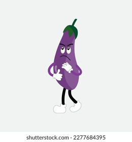 Ilustración vectorial de carácter de berenjena. Caricatura de berenjena plana ondeando. Diseño minimo de frutas de berenjenas moradas para libros infantiles. Caricatura de berenjena