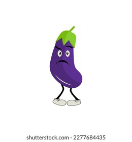 Cute eggplant character vector illustration. Flat eggplant cartoon character waving. Minimal purple eggplant fruit design for children books. Eggplant cartoon character