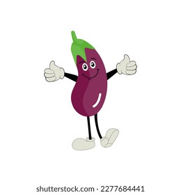 Cute eggplant character vector illustration. Flat eggplant cartoon character waving. Minimal purple eggplant fruit design for children books. Eggplant cartoon character