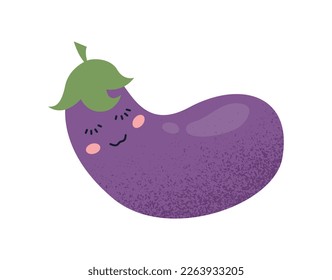 Cute eggplant concept. Vegetables and natural and organic products. Harvest and crop, symbol of autumn season. Poster or banner for website. Cartoon flat vector illustration