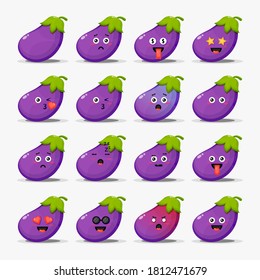 Cute eggplant with emoticons set