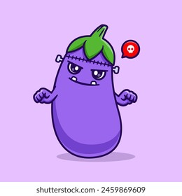 Cute Eggplant Frankenstein Cartoon Vector Icon Illustration. Food Holiday Icon Concept Isolated Premium Vector. Flat Cartoon Style