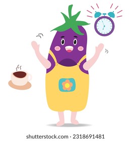 cute eggplant fresh morning with an alarm clock and hot coffee on white background Flat vector illustration.
