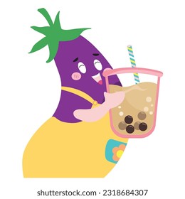 Cute eggplant hug boba milk tea and holding ice. cartoon icon illustration on white background. Flat vector illustration.