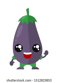 Cute eggplant kawaii character. Aubergine vector  illustration.