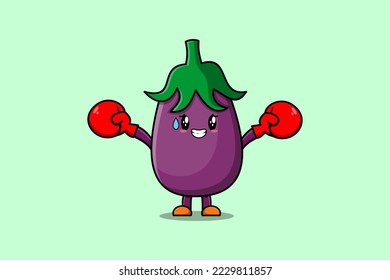 Cute Eggplant mascot cartoon playing sport with boxing gloves and cute stylish design