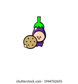 Cute eggplant mascot illustration design eating cookies