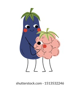 Cute Eggplant and Raspberry Hugging, Cheerful Vegetable and Berry Characters with Funny Faces, Best Friends, Happy Couple in Love Vector Illustration