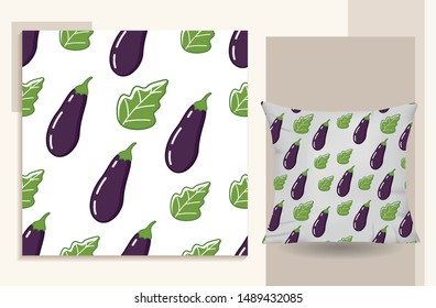 Cute eggplant seamless pattern with some green leaves on a white background, Suitable print templates used for pillow patterns, blinds, curtains, cards, gift papers, shawls, sheets and children's clot