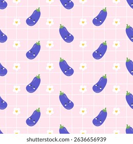 Cute eggplant seamless vector pattern with flowers and smiling veggies. Great for kids fashion, wrapping, farm markets, kitchen textile