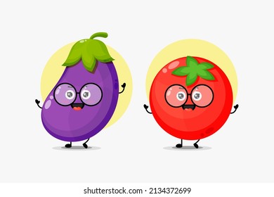 Cute eggplant and tomato character wearing glasses
