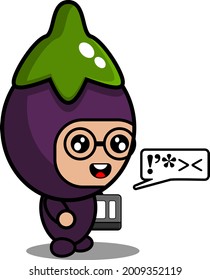 cute eggplant vegetable mascot costume cartoon character vector holding a book