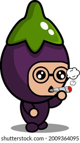 cute eggplant vegetable mascot costume cartoon character vector wearing glasses and smoking