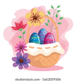 cute eggs in basket wicker with decoration vector illustration design