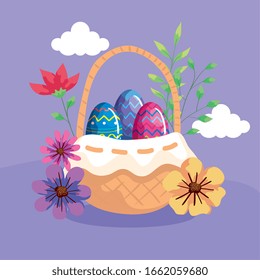 cute eggs in basket wicker with decoration vector illustration design