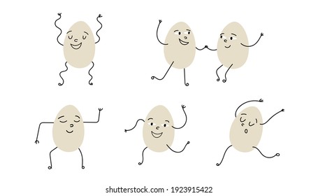 Cute eggs character dancing in various poses on their own or in a couple in various poses on their own or in a couple and holding hands, wiggle and do other funny pas.