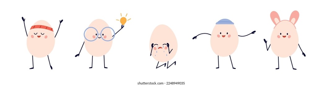 Cute eggs character. funny eggheads emoji for easter or egg world day. Child cartoon vector illustration isolated on white background