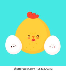 Huevos y pollo. Diseño de iconos de ilustración de carácter de dibujos animados. Concepto de huevos de pollo