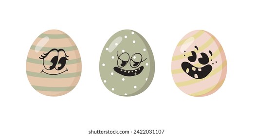 Cute eggs with different characters. Eggs with faces. Funny Easter eggs with different facial expressions. Vector illustration