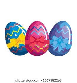 cute eggs easter decorated with geometric lines and bow ribbon vector illustration designicon