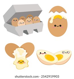 Cute eggs set. Kawaii style. Raw, boiled, whole and sliced,peeled and broken eggs, egg in the box. Suitable for flat design graphic illustration, clip art, stickers, posters, stickers, cards, etc 