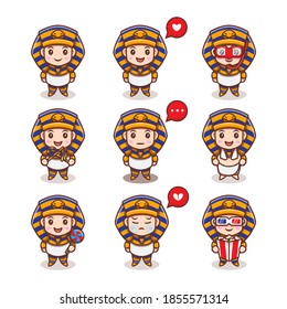 Cute Egypt King with Different Expressions Set Cartoon Vector Icon Illustration. Flat Cartoon Style Suitable for Story Book, Flyer, Sticker, Card