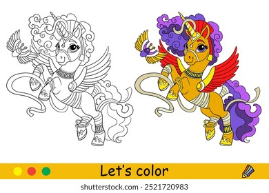 Lindo Egipto unicornio momia y escarabajo. Concepto de Halloween. Niños para colorear con muestra de color. Ilustración vectorial aislada sobre fondo blanco. Para colorear libro, educación, impresión, juego, rompecabezas, diseño