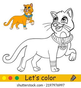 Cute egyptian cat. Halloween concept. Coloring book page for children with colorful template. Vector cartoon illustration. For print, preschool education and game