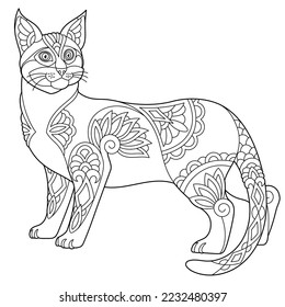 Buen gato Mau egipcio. Página del libro de colorear para adultos en estilo mandala