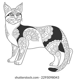 Cute Egyptian Mau cat design. Animal coloring page with mandala and zentangle ornaments