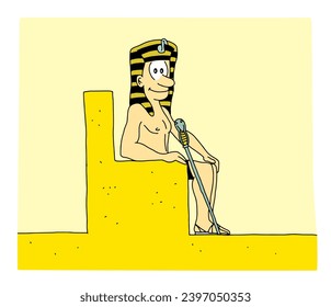 Cute egyptian pharaoh character smiling sitting on his stone throne. Colorful cartoon style vector illustration.