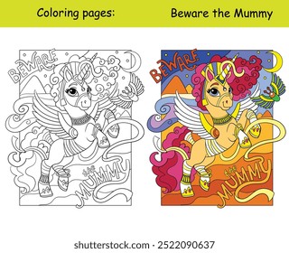 Cute Egyptian Unicorn mummy and lettering Beware the mummy. Halloween concept. Kids coloring with color sample. Vector illustration. For coloring book, education, print, game, puzzle, design