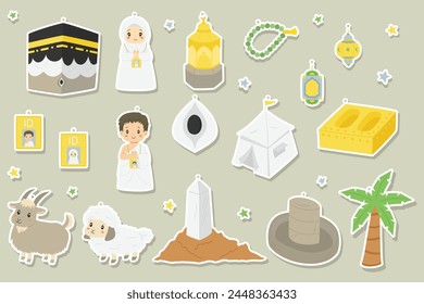 Cute Eid al Adha elements in doodles style. Kawaii Muslim Hajj and Umrah cartoon vector set.