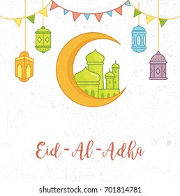 Cute Eid al adha greeting card with lantern and moon, Kartu ucapan idul adha