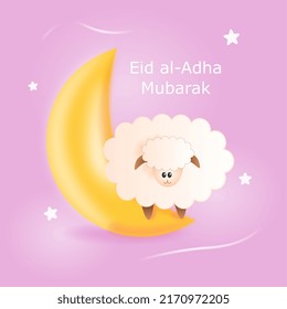Cute Eid Al Adha Illustration with Sheep and Crescent Moon