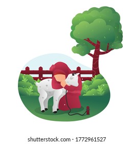 Cute Eid Al Adha Mubarak, Little girl hug little goat in farm