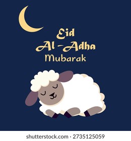 Cute Eid Al Adha Mubarak greeting card with sleeping sheep and crescent moon