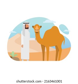 Cute eid al-adha background illustration with man holding camel