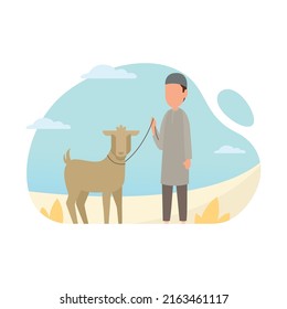Cute eid al-adha background illustration with man bring goat