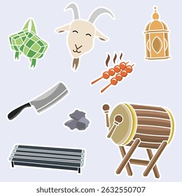 Cute Eid al-Adha icon set with grey background, including goat, lantern, drum, meat skewers, and ketupat.