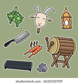 Cute Eid al-Adha icon set with green background, including goat, lantern, drum, meat skewers, and ketupat.