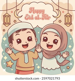 Cute Eid al-Fitr Celebration with Happy Muslim Kids Cartoon Style