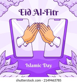 cute eid banner shaking hands online vector illustration. cartoon happy eid banner
