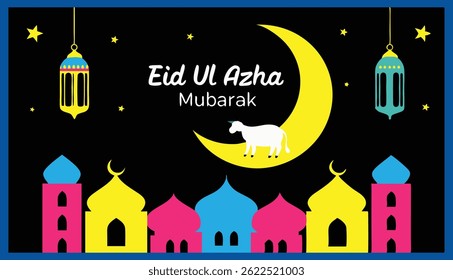 Cute Eid Mubarak Cartoon Illustration with Sheep, Mosque, and Lanterns

