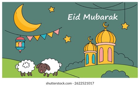 Cute Eid Mubarak Cartoon Illustration with Sheep, Mosque, and Lanterns

