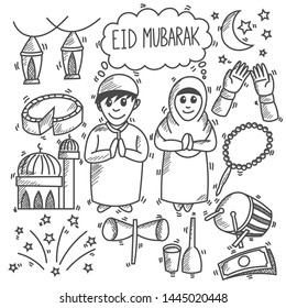 Cute eid mubarak doodle, cartoon, sketch, illustration